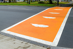 Crosswalk painted orange with white feathers for Truth and Reconciliation to honor Indigenous children who died in Canada's residential schools.
